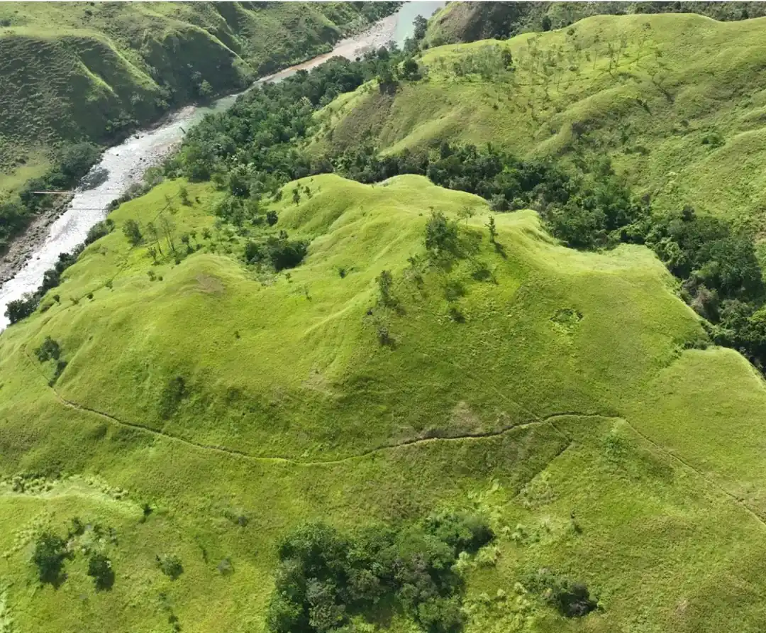 Forested ridges and cleared grassland slopes above a river in a Bukidnon valley