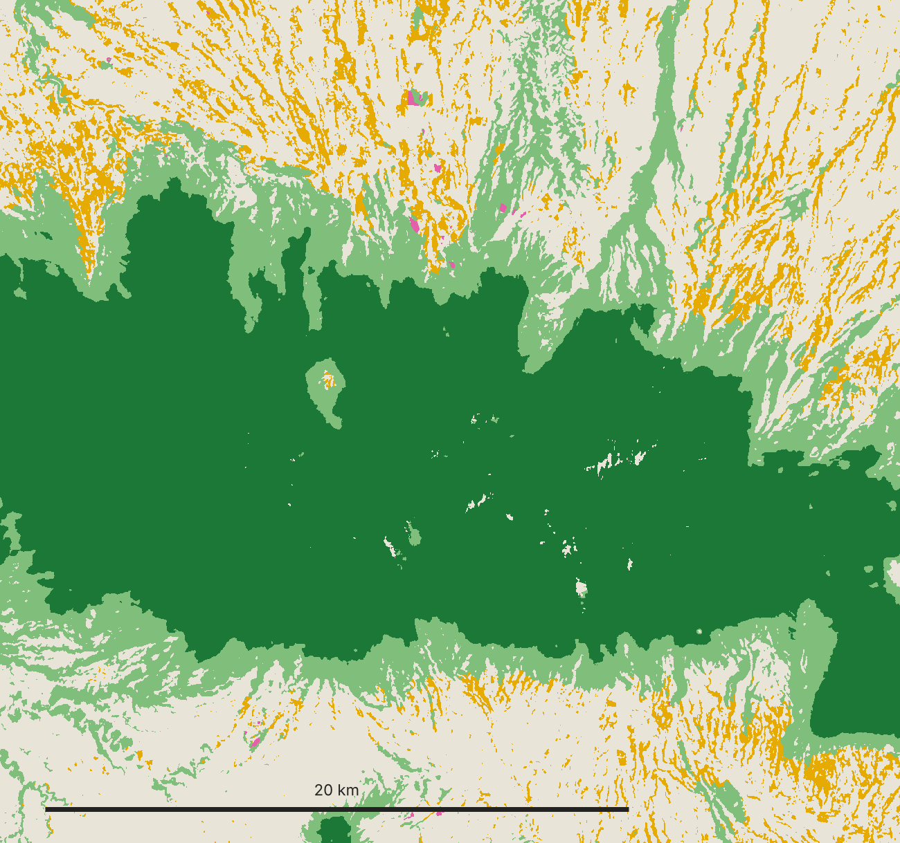 Mount Kitanglad close up: a solid block of primary forest, a fringe of regrowth, and tree-lined streams running down into farmland.