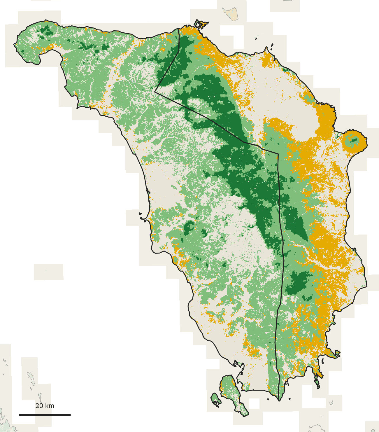 Mindoro: primary forest along the central mountains, regrowth and open land in the west, tree crops along the east coast.