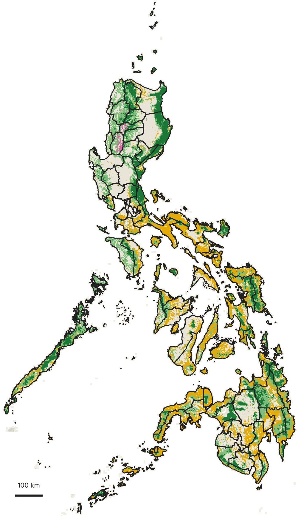 Map of the Philippines coloured by forest type: primary forest in the Sierra Madre, Palawan, Samar and eastern Mindanao; tree crops across Bicol, the Visayas and western Mindanao.