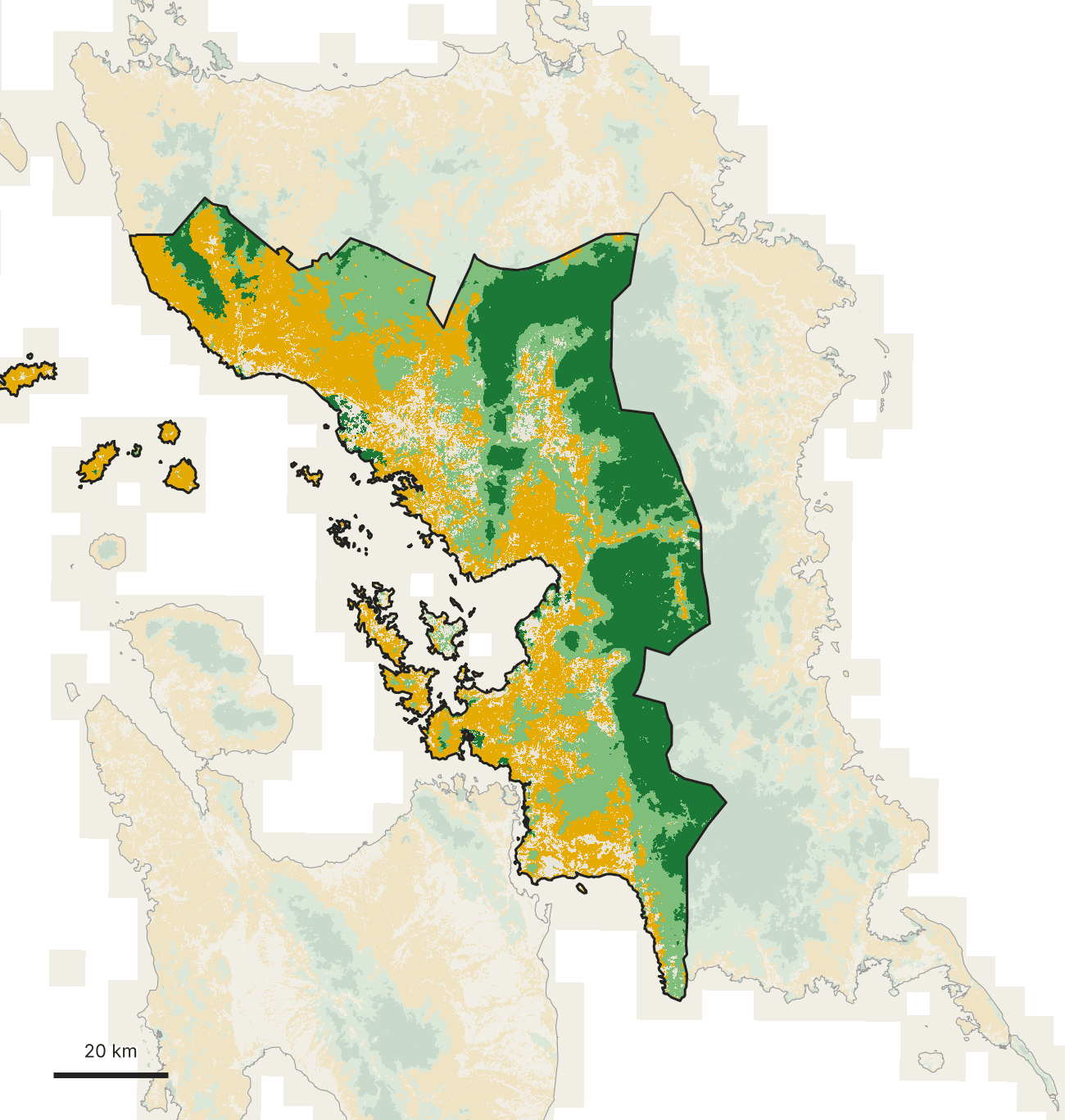 Western Samar: a dark green primary-forest spine along the east, tree crops toward the western coast.