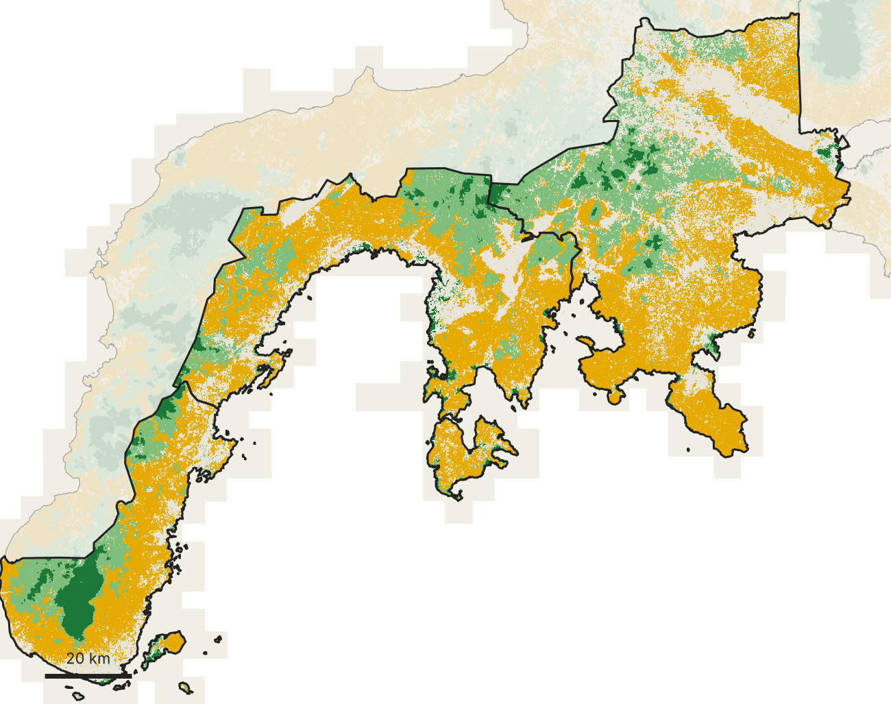 Zamboanga Sibugay and del Sur: tree crops across the lowlands, scattered regrowth, little primary forest.